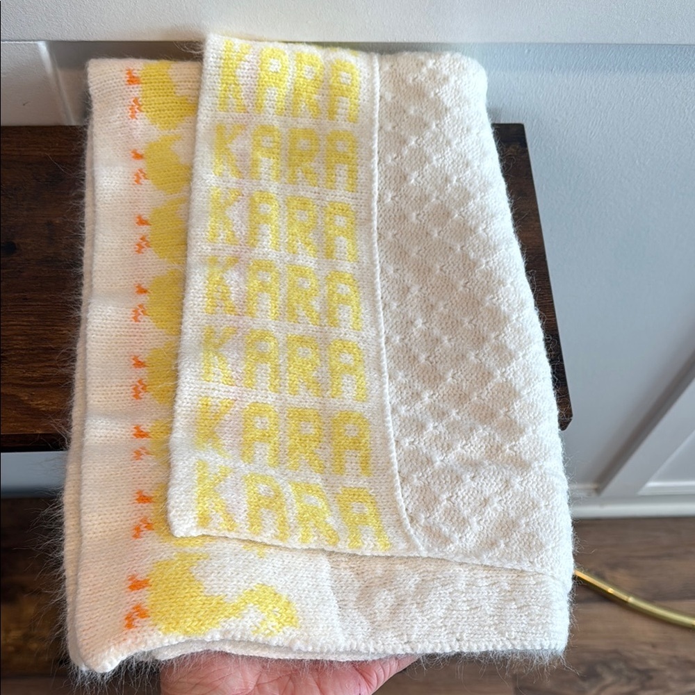 Kara name knitted with ducks  Cream and Yellow Knit  homemade baby Blanket